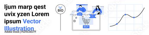 Characters interacting with online shopping interface and BIO tag. Graph showing data trends. Ideal for e-commerce, market research, online shopping, data analysis, website design, business strategy