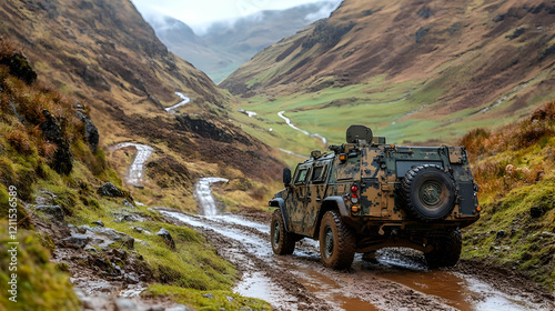 Armored vehicle mountain road travel, Scotland photo