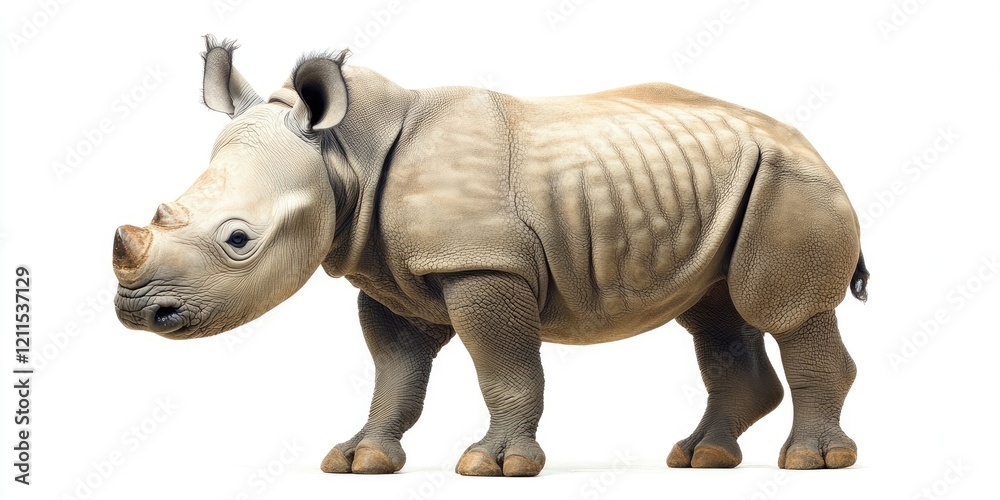 Obraz premium Young square-lipped rhinoceros posed against a pure white background showcasing grayish tones and detailed skin texture standing in profile.