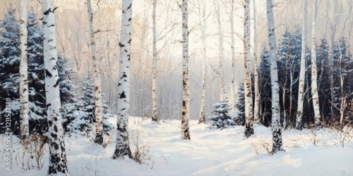 Serene winter landscape with tall birch trees and dark evergreen foliage set against a snowy ground and soft, muted light in the background photo