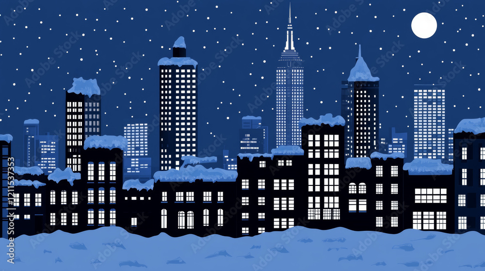 Snowy cityscape with illuminated buildings at night Snowy cityscape with illuminated buildings at night