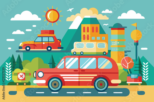 A lively display of automobiles navigating a bright, animated landscape with mountains and trees Illustrations with automobile for transportation,