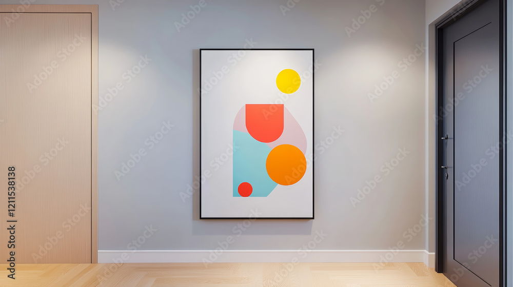 Modern Scandinavian hallway featuring sleek design and simple artwork. vibrant geometric shapes in artwork add pop of color to neutral walls, creating welcoming atmosphere Modern Scandinavian hallway featuring sleek design and simple artwork. vibrant geometric shapes in artwork add pop of color to neutral walls, creating welcoming atmosphere