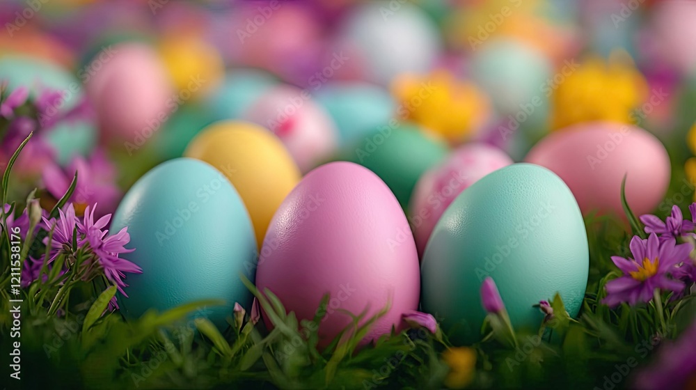 Pastel spring concept. Colorful Easter eggs nestled among blooming flowers in a vibrant garden setting. Pastel spring concept. Colorful Easter eggs nestled among blooming flowers in a vibrant garden setting.