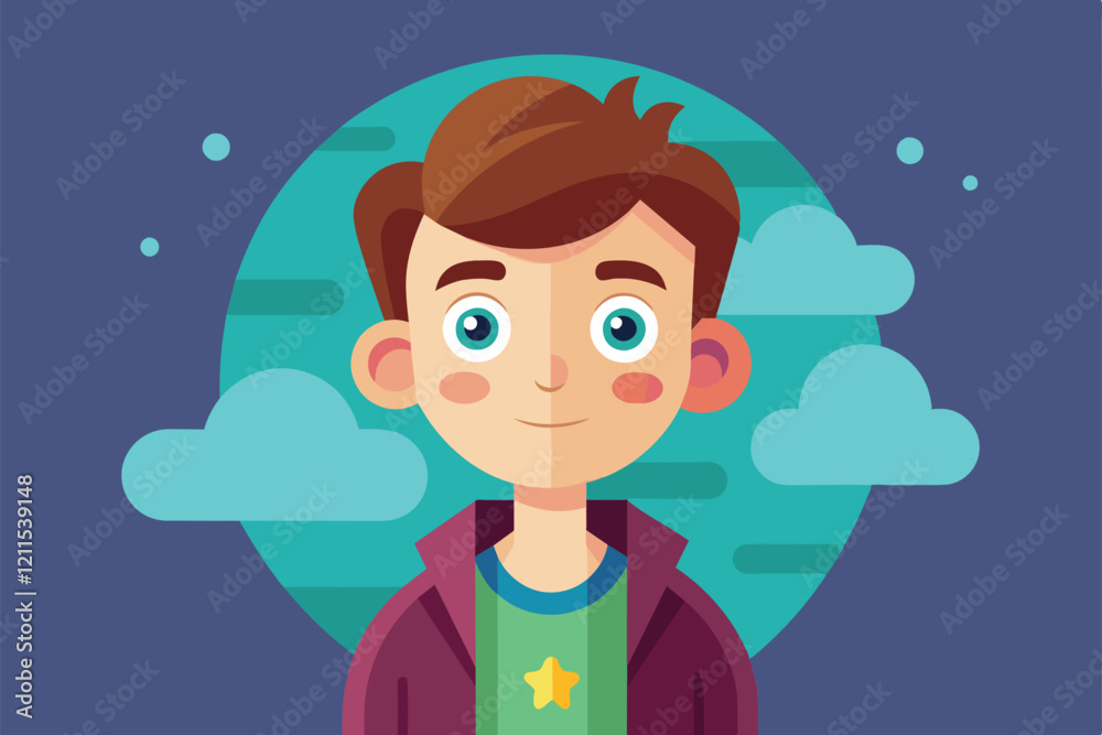 A cheerful young boy with bright eyes and stylish hair poses in a colorful, friendly atmosphere Imaginary friend Customizable Semi Flat Illustration A cheerful young boy with bright eyes and stylish hair poses in a colorful, friendly atmosphere Imaginary friend Customizable Semi Flat Illustration