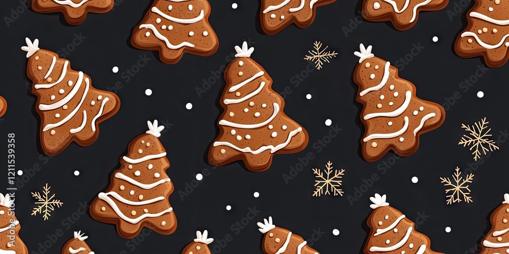 Seamless pattern of gingerbread Christmas tree cookies brown and white on dark background with snowflakes and festive elements for holidays