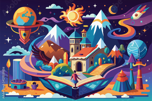 Explore an enchanting world filled with mountains, castles, and celestial wonders Imagination and fantasy, mysticism,