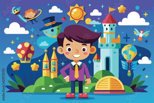 A boy smiles joyfully in a colorful landscape dominated by castles and playful flying characters Imagination Customizable Cartoon Illustration