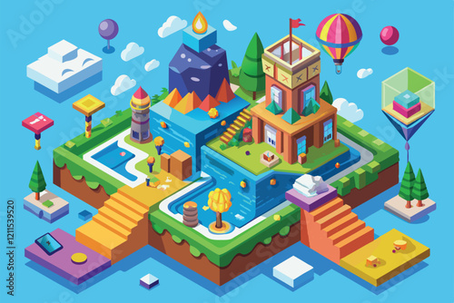 A colorful isometric landscape features mountains, houses, trees, water, and floating balloons in a vibrant setting Imagination Customizable Isometric Illustration