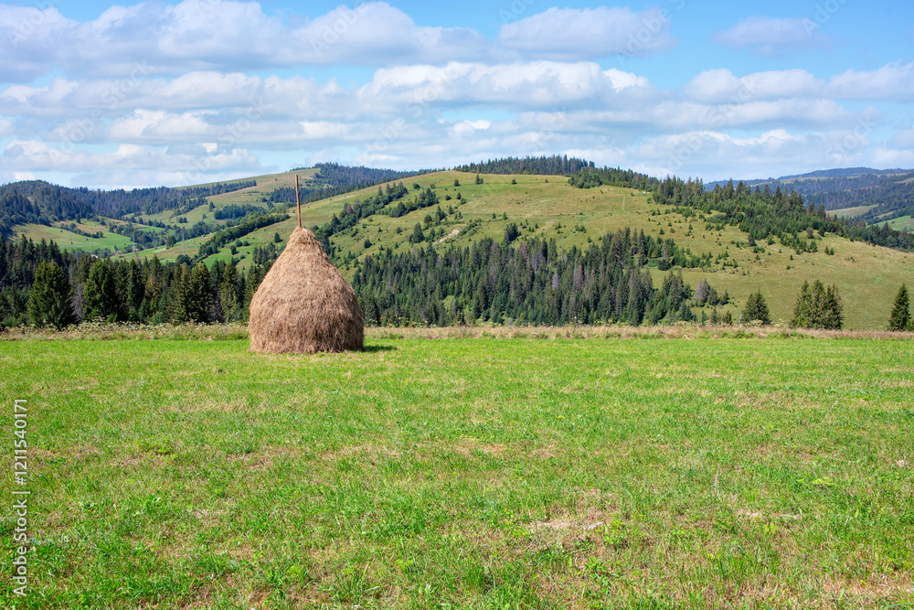 Rolling hills and a solitary haystack under a brilliant blue sky