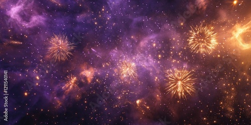 Wallpaper Mural Colorful fireworks in shades of purple and gold burst in the night sky creating a dazzling display of light and energy amidst cosmic stars Torontodigital.ca