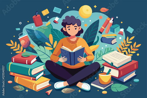 A person sits cross-legged, deeply engaged in reading a book amid a lush, colorful environment immersing in the world of books,