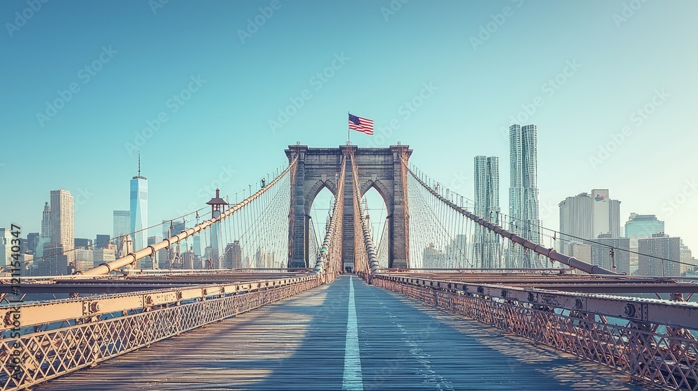 Fototapeta premium Brooklyn Bridge walkway with cityscape background under a clear sky