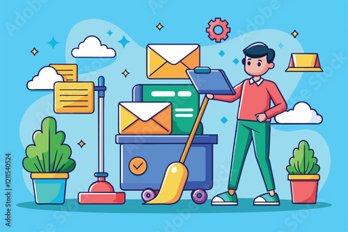 A person organizes emails and cleans up their workspace with colorful tools and plants around Inbox cleanup Customizable Cartoon Illustration