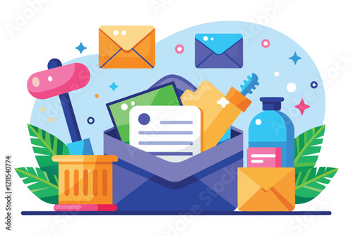 Illustration shows a colorful inbox cleanup with envelopes, stationery, and organizational tools surrounding it Inbox cleanup Customizable Semi Flat Illustration