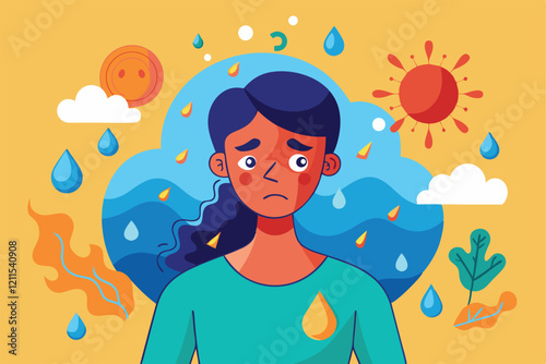 A person shows discomfort while dealing with symptoms of dehydration and dizziness in hot weather Increased sweating, dehydration, dizziness and redness of skin,