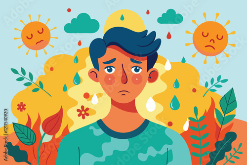 A young man shows signs of discomfort with sweating and dizziness in a warm environment Increased sweating, dehydration, dizziness and redness of skin,