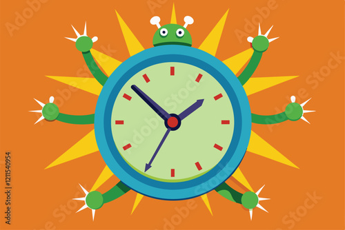 A colorful clock with cartoon features symbolizes longer working hours in a playful design Increased working hours