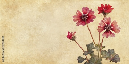 Textured aged paper background with soft beige tones featuring vibrant red Pericallis webbii flowers positioned on the left side with green leaves. photo