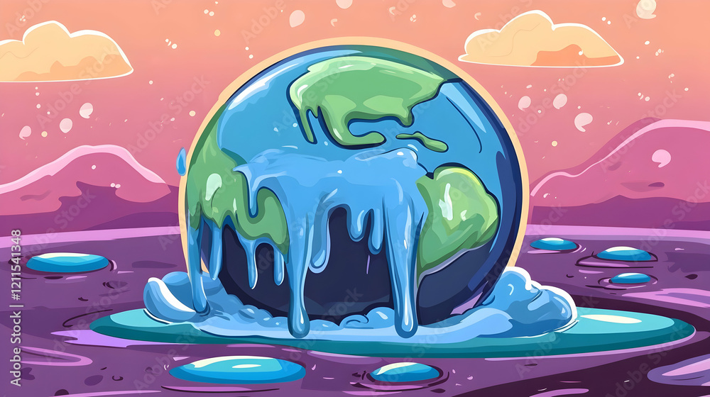 Fototapeta premium Melting Earth, climate change, global warming, environmental disaster, illustration, for educational purposes