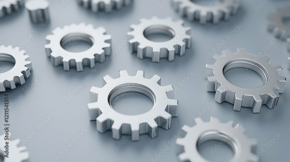 Metallic gears on gray surface, teamwork concept, industrial background Metallic gears on gray surface, teamwork concept, industrial background