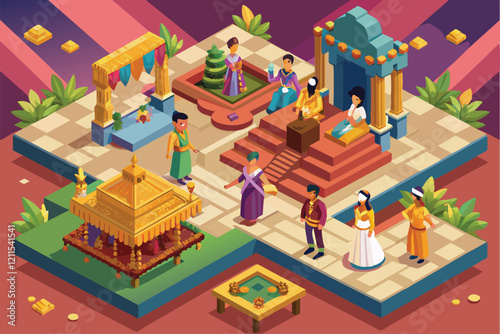 Unique isometric illustration depicting a lively Indian wedding with various traditional customs and participants Indian wedding Customizable Isometric Illustration