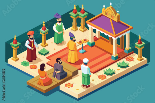 Traditional Indian wedding rituals unfold in an intricately designed ceremonial setting Indian wedding Customizable Isometric Illustration