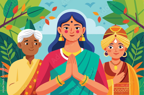 Three individuals express reverence for elders in a vibrant outdoor setting during a cultural event Indian women, respect for elders,