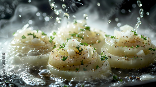 Sliced Onions Cooked with Fresh Herbs and Water Droplets in Steam photo