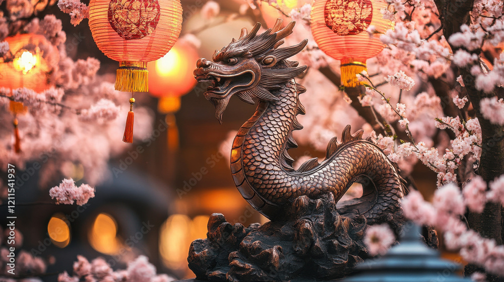Dynamic Chinese New Year poster with fierce dragon, lanterns, and firecrackers