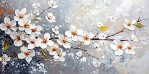 Elegant white cherry blossoms with intricate details on a textured light gray background, featuring touches of golden yellow and soft green leaves.