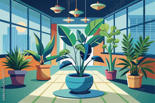 Colorful indoor plants are arranged in decorative pots within a bright, spacious room filled with natural light Indoor plants Customizable Disproportionate Illustration