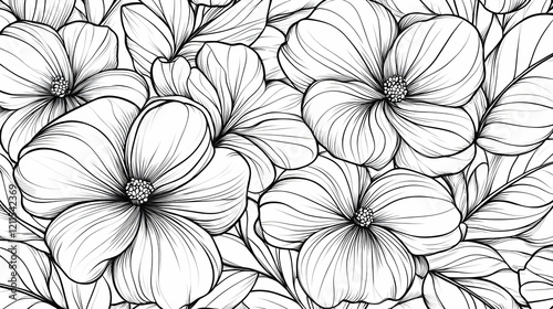 Monochrome floral pattern; intricate line art of flowers; seamless design for textile or wallpaper