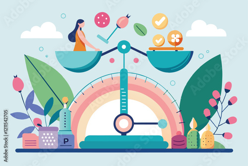 A colorful illustration depicts balance in infertility diagnosis with customizable treatment options for individuals Infertility diagnosis Customizable Disproportionate Illustration