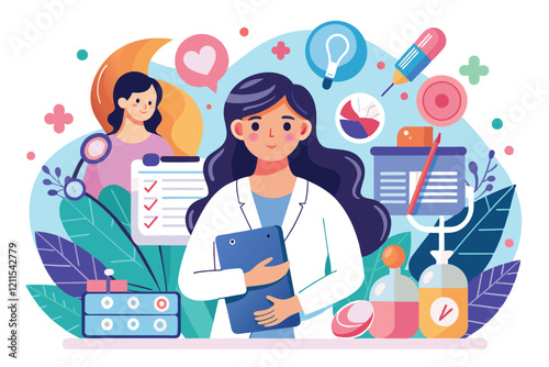 A healthcare professional engages with patients about infertility diagnosis and treatment options in a clinic setting Infertility diagnosis Customizable Flat Illustration