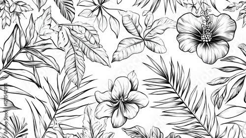 Monochrome tropical floral pattern, hibiscus and palm leaves, seamless design, for textile printing