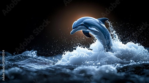 Dolphin leaping, ocean waves, dark background, wildlife, nature photography, website banner photo