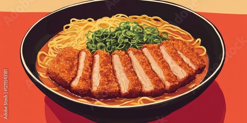 Vibrant Japanese cuisine bowl with crispy katsu cutlet resting on yellow ramen noodles topped with green onions against a warm orange background.