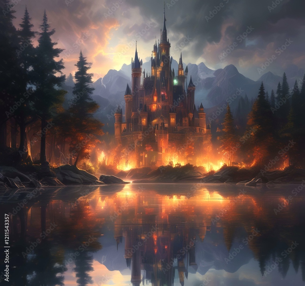 Obraz premium Illustration of glowing mystery tower castle in night.