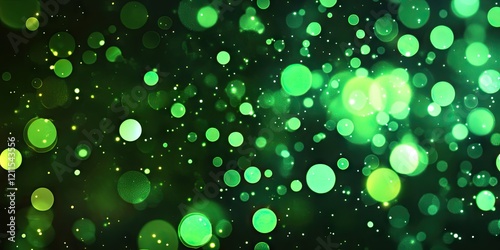 Green bokeh illumination pattern on a black background featuring various shades of green circles with soft highlights for text overlay space