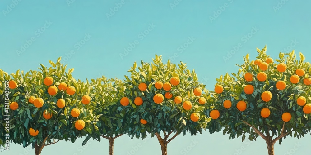 Lush green orange trees bursting with ripe oranges against a serene clear blue sky with a vibrant color palette showcasing nature's bounty. Lush green orange trees bursting with ripe oranges against a serene clear blue sky with a vibrant color palette showcasing nature's bounty.