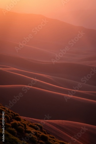 A beautiful desert landscape with a sunset and sunrise over the dunes, showcasing the vibrant orange and yellow sky, dry sand, and the majestic mountains of the Sahara in Morocco