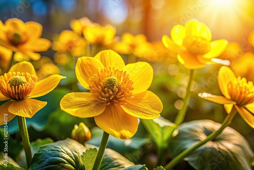 Vibrant marsh marigold blooms up close, a splash of yellow in urban nature's spring embrace. photo
