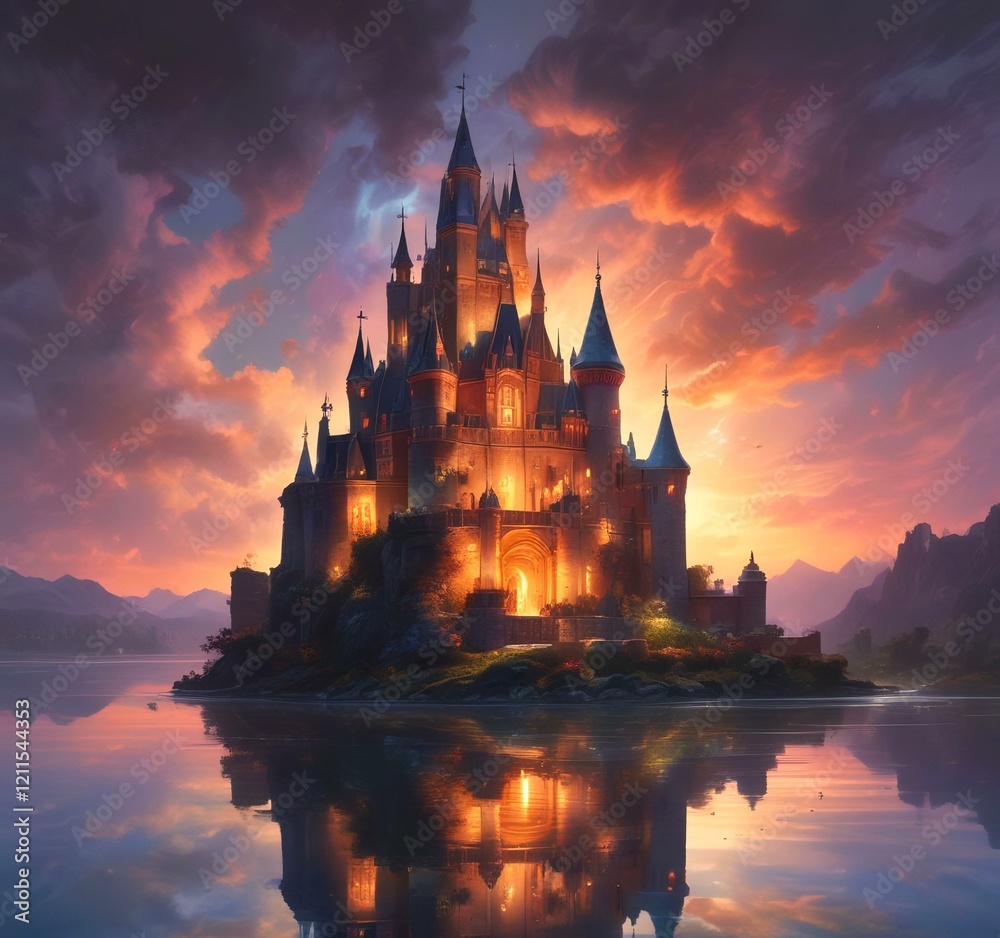 Fototapeta premium Illustration of glowing mystery tower castle in night.