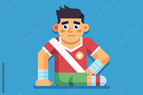 A disappointed athlete is resting on the ground with injuries and bandages on his leg and arms Injury Customizable Semi Flat Illustration