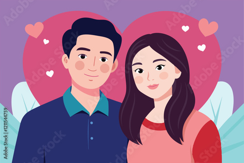 A couple is depicted smiling warmly together with hearts in a lovely backdrop In love Customizable Flat Illustration