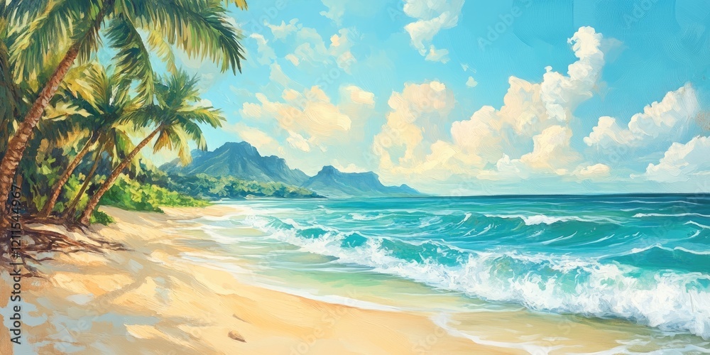 Obraz premium Tropical beach landscape with turquoise waves and golden sand under a bright blue sky dotted with fluffy clouds and lush green palm trees on the shore.