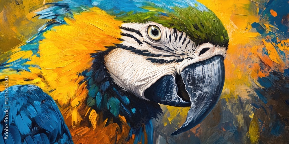 Fototapeta premium Closeup of a vibrant blue and yellow macaw with bright feathers against a warm orange and yellow background showcasing detailed textures and colors