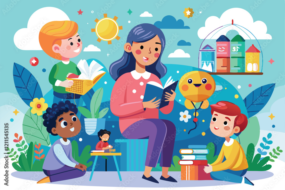 A therapist shares a story with kids, sparking creativity and emotional exploration in a fun outdoor setting, Inner child psychology therapy, A therapist shares a story with kids, sparking creativity and emotional exploration in a fun outdoor setting, Inner child psychology therapy,