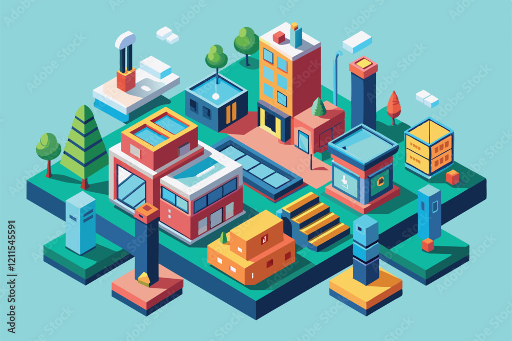 A vibrant cityscape features various buildings, trees, and pathways amid an isometric layout, showcasing urban life In no time Customizable Isometric Illustration A vibrant cityscape features various buildings, trees, and pathways amid an isometric layout, showcasing urban life In no time Customizable Isometric Illustration